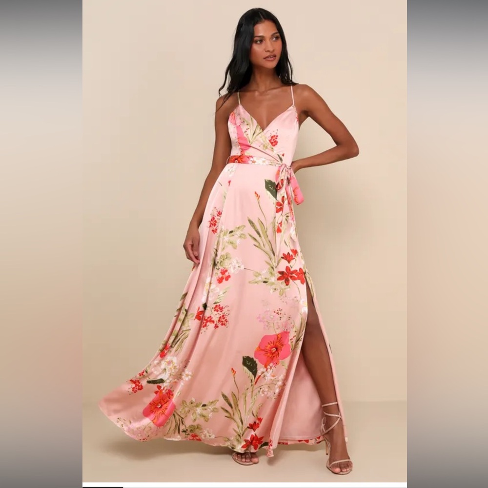 Lulus Still the One Blush Pink Floral Print Satin Maxi Dress XS